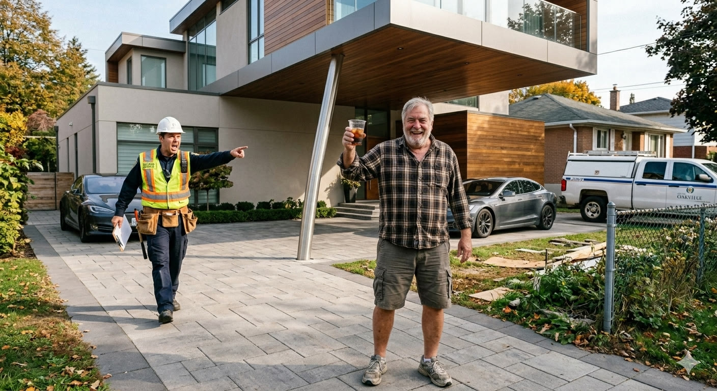 A building inspector pointing out unpermitted work to a homeowner in front of a modern Ontario home.