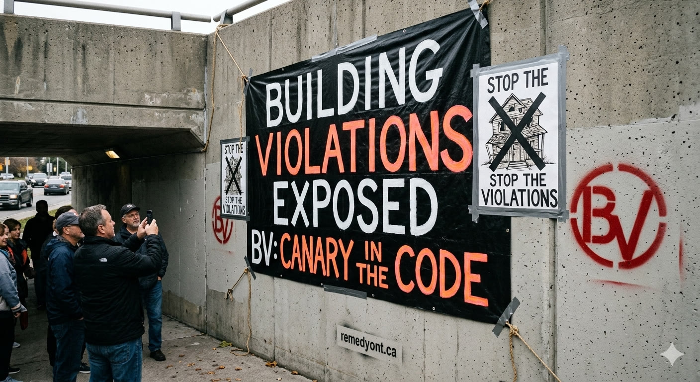 Satirical "Building Violations Exposed" street banner aimed at Ontario homeowners.