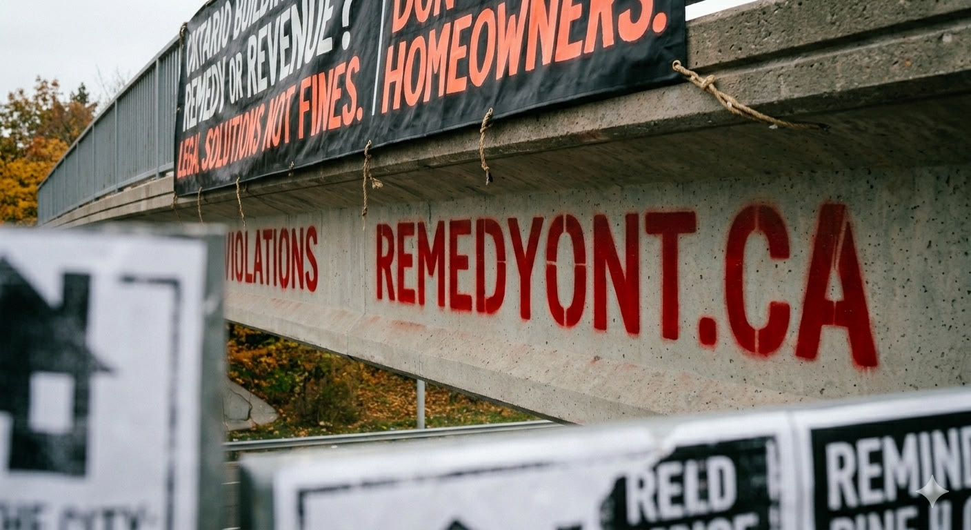 "Remedy or Revenue? Solutions not fines" building-violation banner on an Ontario overpass.